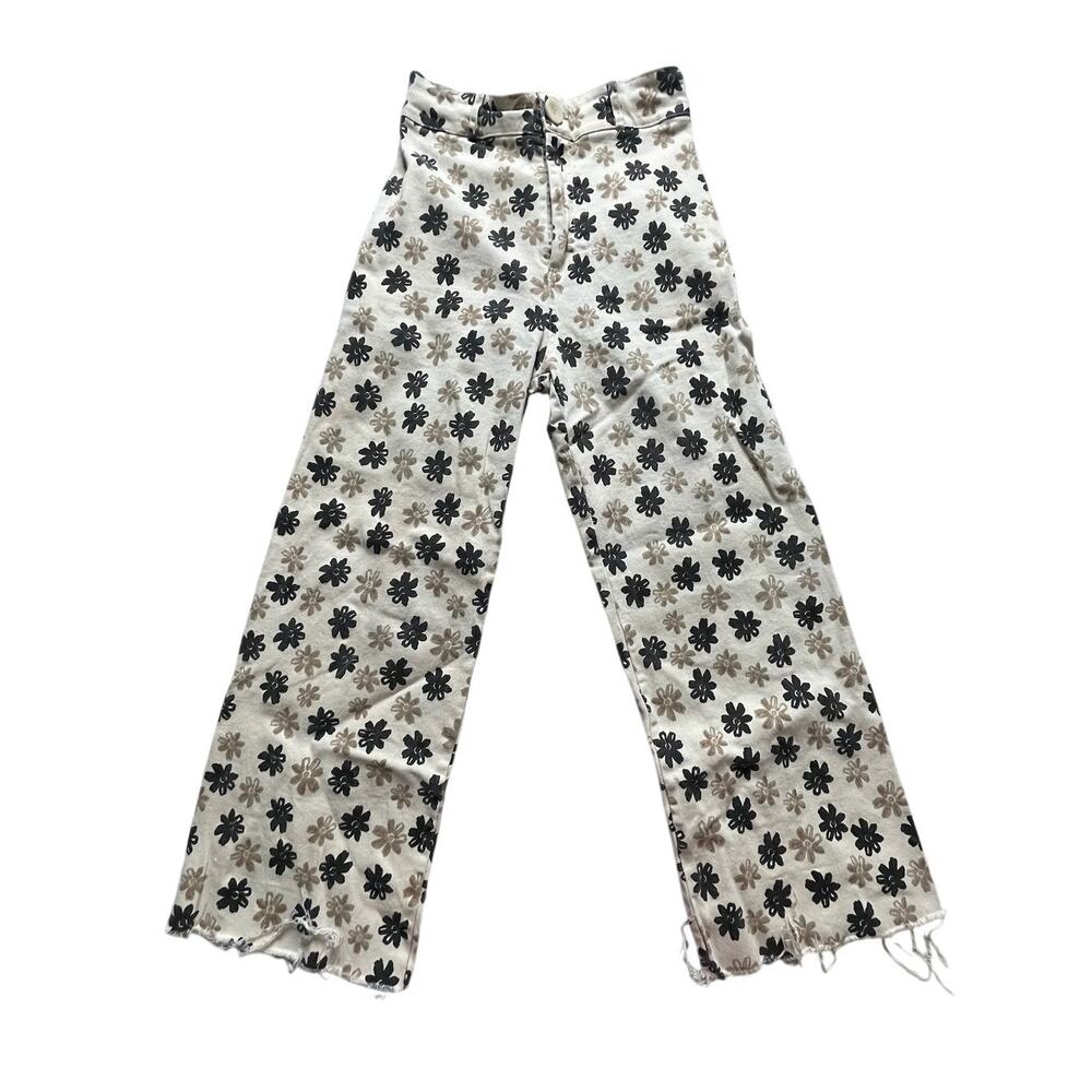 Women’s Cropped Jeans Approx Sz 24 Cream Beige Brown Floral Print High Rise GUC
